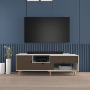 Nuaro TV Unit with 2 Drawers & Storage | Solid Wood Teak Legs | Entertainment TV Unit | Dual Tone- Mocha Brown & Acacia Light | spacesbyU