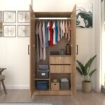 Meroki Wardrobe - 2 Door | Engineered Wood Cupboard | Almirah with Drawers, Hanging Rod & 4 Shelves | Finish - Wood Oak Light | spacesbyU