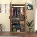Kiano Wardrobe - 2 Door | Engineered Wood Cupboard | Almirah with 4 Shelves, Soft-Close Hinges & Hanging Rod | Finish -Wood Oak Light | spacesbyU