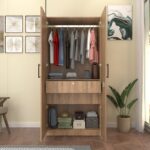 Kavisto Wardrobe - 2 Door | Engineered Wood Cupboard | Almirah with 2 Drawers, 2 Shelves, Soft-Close Hinges & Hanging Rod | Finish - Wood Oak Light | spacesbyU