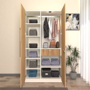 Amoko Premium Wardrobe - 2 Door | Engineered Wood Cupboard | Almirah with 9 Shelves, 1 Drawer & Hanging Rod | Premium MDF Shutters | Dual Tone- Wood Oak Light & Frosty White | spacesbyU
