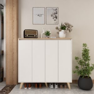 Octaro Shoe Rack (34 Pairs) | Adjustable Shelves | Premium Engineered Wood Shoe Cabinet | Dual Tone: Frosty White & Wood Oak Light Finish | spacesbyU