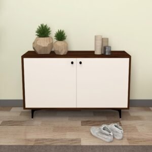 Akano Shoe Rack for 15 Pairs | Adjustable Shelves, Designer Legs | Engineered Wood Shoe Stand | Dual Tone: Brazilian Walnut & Frosty White | spacesbyU