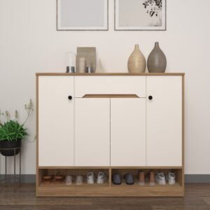 Roelo Shoe Rack (23 Pairs) with Drawer & Shelves | Premium Engineered Wood Shoe Cabinet | Dual Tone: Frosty White & Wood Oak Light | spacesbyU