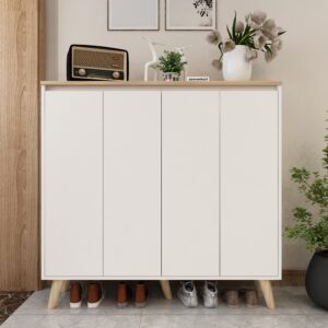 Octaro Shoe Rack (34 Pairs) | Adjustable Shelves | Premium Engineered Wood Shoe Cabinet | Dual Tone: Frosty White & Wood Oak Light Finish | spacesbyU