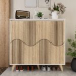 Octaro Shoe Rack (34 Pairs) with Designer Shutters | Solid Wood Legs, Adjustable Shelves | Premium Engineered Wood Shoe Cabinet | Dual Tone: Frosty White & Wood Oak Light | spacesbyU