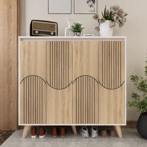 Octaro Shoe Rack (34 Pairs) with Designer Shutters | Solid Wood Legs, Adjustable Shelves | Premium Engineered Wood Shoe Cabinet | Dual Tone: Frosty White & Wood Oak Light | spacesbyU