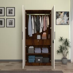 Hectra Wardrobe - 2 Door | Engineered Wood Cupboard | Almirah with 2 Shelves, 1 Drawer7 Soft-Close Hinges, & Hanging Rod | Finish: Brazilian Walnut & Frosty White | spacesbyU