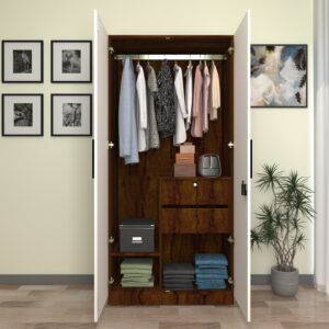 Meroki Wardrobe - 2 Door | Cupboard | Almirah with Drawers, Hanging Rod & 4 Shelves | Colour - Brazilian Walnut & Frosty White