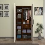 Amoko Wardrobe - 2 Door | Engineered Wood Cupboard | Almirah with 9 Shelves, 1 Drawer & Hanging Rod | Dual tone - Brazilian Walnut & Frosty White | spacesbyU