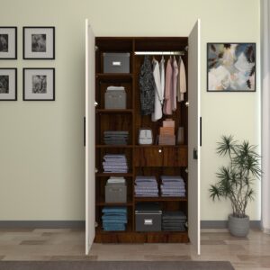 Amoko Wardrobe - 2 Door | Cupboard | Almirah with 9 Shelves, 1 Drawer & Hanging Rod | Colour - Brazilian Walnut & Frosty White