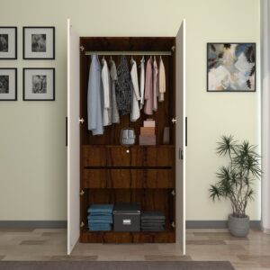 Kavisto Wardrobe - 2 Door | Cupboard | Almirah with 2 Drawers, 2 Shelves, Soft-Close Hinges & Hanging Rod | Colour - Brazilian Walnut & Frosty White