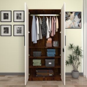 Kiano Wardrobe - 2 Door | Cupboard | Almirah with 4 Shelves, Soft-Close Hinges & Hanging Rod | Colour - Brazilian Walnut & Frosty White