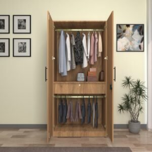 Keris Wardrobe - 2 Door | Engineered Wood Cupboard | Almirah with 2 Shelves, 1 Drawer7 Soft-Close Hinges, & Hanging Rod | Finish: Wood Oak Light | spacesbyU
