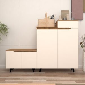 Kresaro Shoe Rack with Drawer (26 Pairs) | Left Seating | Designer Legs | Wall Anchored | Premium Engineered Wood | Colour – Frosty White & Wood Oak Light