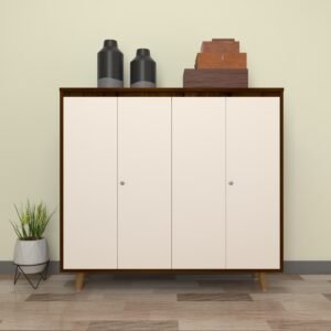 Octaro Shoe Rack with Lock (30 Pairs) | Solid Wood Legs | Adjustable Shelves | Premium Engineered Wood | Colour - Frosty White & Brazilian Walnut