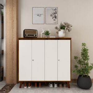 Octaro Shoe Rack (34 Pairs) with Lock | Solid Wood Legs, Adjustable Shelves | Premium Engineered Wood | Colour: Frosty White & Brazilian Walnut | spacesbyU