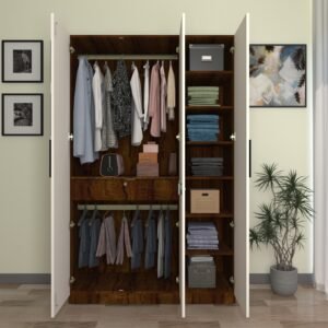 Keris 3 Door Wardrobe | Almirah | Cupboard with 9 Shelves, 1 Drawer, Soft-Close Hinges & 2 Hanging Rods (Colour - Brazilian Walnut & Frosty White)