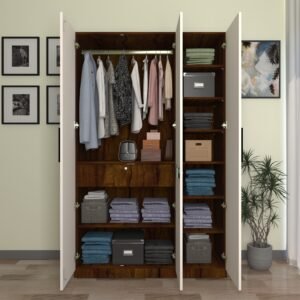 Hectra 3 Door Wardrobe | Almirah | Cupboard with 10 Shelves, 1 Drawer, Soft-Close Hinges & Hanging Rod (Colour - Brazilian Walnut & Frosty White)