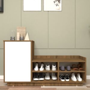 Givano Shoe Rack (18 Pairs) | Seating Provision | Handle-Less Shutter | Premium Engineered Wood | Colour – Wood Oak Dark & Frosty White