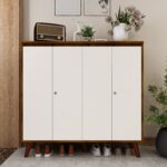 Octaro Shoe Rack (34 Pairs) with Lock | Solid Wood Legs, Adjustable Shelves | Premium Engineered Wood | Colour: Frosty White & Brazilian Walnut | spacesbyU