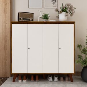 Octaro Shoe Rack (34 Pairs) with Lock | Solid Wood Legs, Adjustable Shelves | Premium Engineered Wood | Colour: Frosty White & Brazilian Walnut | spacesbyU