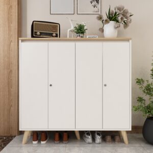 Octaro Shoe Rack (34 Pairs) with Lock | Solid Wood Legs, Adjustable Shelves | Premium Engineered Wood Shoe Cabinet | Dual Tone: Frosty White & Wood Oak Light | spacesbyU