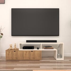 Levoh TV Unit for Upto 65 Inch TV with Storage | TV Stand | Engineered Wood TV Entertainment Unit | Dual Tone- Wood Oak Light & Frosty White | spacesbyU