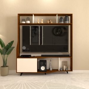 Elavio TV Unit for upto 65 Inch TVs with Storage | TV Stand | Designer Legs | Wall Anchored | Engineered Wood TV Entertainment Unit | Dual Tone- Brazilian Walnut & Frosty White | spacesbyU