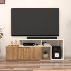 Levoh TV Unit for Upto 65 Inch TV with Storage | TV Stand | Engineered Wood TV Entertainment Unit | Dual Tone- Wood Oak Light & Frosty White | spacesbyU