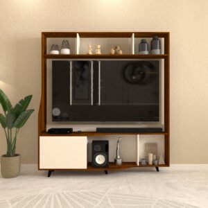Elavio TV Unit for upto 65 Inch TVs with Storage | TV Stand | Designer Legs | Wall Anchored | Engineered Wood TV Entertainment Unit | Dual Tone- Brazilian Walnut & Frosty White | spacesbyU