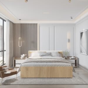 Lunor Bed with Storage | Engineered Wood Bed, Premium Finish | King Size Bed | Dual Tone: Wood Oak Light & Frosty White | spacesbyU