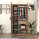 Amoko Wardrobe - 2 Door | Engineered Wood Cupboard | Almirah with 9 Shelves, 1 Drawer & Hanging Rod | Dual Tone: Wood Oak Light | spacesbyU