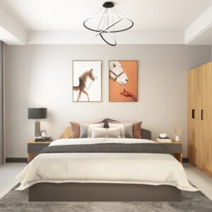 Trivaz Bed with Storage | Engineered Wood Bed, Sleek Geometric Headboard | King Size Bed | Dual Tone: Grey & Oak Light | spacesbyU