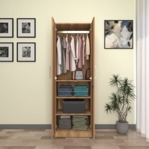 Kiano 2 Door Smart Wardrobe | Cupboard | 1 Hanger Rod & 4 Shelves | Engineered Wood Cupboard | Finish- Wood Oak Light | spacesbyU