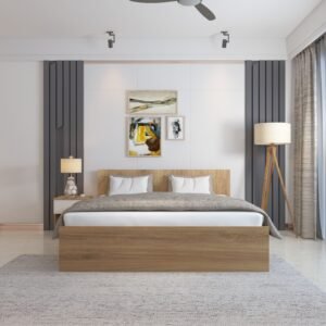 Brez King Bed with Storage | Engineered Wood Bed Storage| King Size Bed | Contemporary Headboard Design | Colour - Wood Oak Light & Frosty White| Spacesbyu|