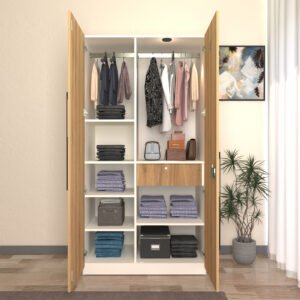 Amoko Premium Wardrobe - 2 Door | Engineered Wood Cupboard | Almirah with 9 Shelves, 1 Drawer & Hanging Rod | Premium MDF Shutters | Dual Tone- Wood Oak Light & Frosty White | spacesbyU