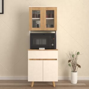 Elvra Microwave Storage Unit | Compact Vertical Cabinet | Glass Door | Drawer Storage | Engineered Wood Wall Anchored Kitchen Cabinet | Dual Tone - Wood Oak Light & Frosty White | spacesbyU