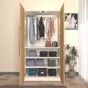 Kiano Premium Wardrobe - 2 Door | Engineered Wood Cupboard | Almirah with 3 Shelves & Hanging Rod | Premium MDF Shutters | Dual Tone- Wood Oak Light & Frosty White  | spacesbyU