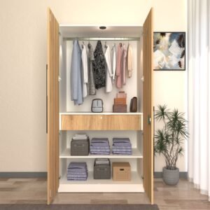 Hectra Premium Wardrobe - 2 Door | Engineered Wood Cupboard | Almirah with 3 Shelves, 1 Drawer & Hanging Rod | Premium MDF Shutters | Dual Tone- Wood Oak Light & Frosty White | spacesbyU