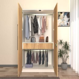 Keris Premium Wardrobe - 2 Door | Engineered Wood Cupboard | Almirah with 2 Shelves & 2 Hanging Rod | Premium MDF Shutters | Dual Tone- Wood Oak Light & Frosty White  | spacesbyU