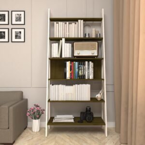 Acerio Lean Wooden Bookshelf | Ladder Design | Space-Saving Book-Rack | Premium Engineered Wood | Color- Frosty White & Oak Dark | DIY Product (Do-It-Yourself) | spacesbyU