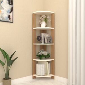 Acora 5-Tier Wooden Corner Bookshelf | Space-Saving | Modern Dual-Tone | Vertical Storage | Premium Engineered Wood | Color - Frosty White & Wood Oak Light | DIY Product (Do it Yourself | spacesbyU