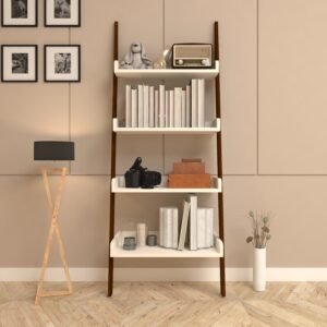 Aurov Ladder Bookshelf | Floor Standing Wooden Bookcase | Ladder Design Book Rack | Premium Engineered Wood | Color - Frosty White & Brazilian Walnut | DIY Product (Do it Yourself) | spacesbyU