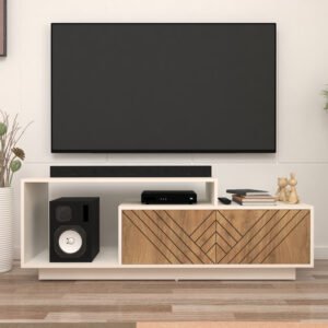 Caspo TV Unit with Designer Shutters | Storage Cabinets | Engineered Wood TV Entertainment Unit | Dual Tone: Wood Oak Light and Frosty White | spacesbyU