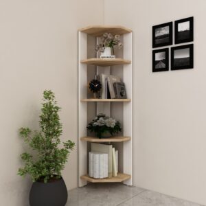 Acora 5-Tier Wooden Corner Bookshelf | Space-Saving | Modern Dual-Tone | Vertical Storage | Premium Engineered Wood | Color - Frosty White & Wood Oak Light | DIY Product (Do it Yourself | spacesbyU