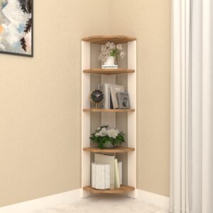 Acora 5-Tier Wooden Corner Bookshelf | Space-Saving | Modern Dual-Tone | Vertical Storage | Premium Engineered Wood | Color - Frosty White & Wood Oak Light | DIY Product (Do it Yourself | spacesbyU