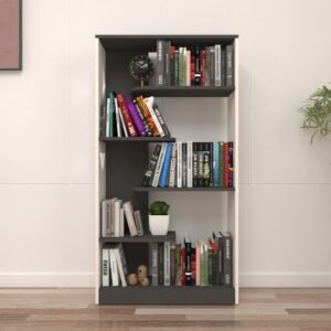 Zeno Wooden Bookshelf with Asymmetrical Shelves | Engineered Wood Bookrack | Finish: Frosty White & Grey | spacesbyU