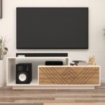 Caspo TV Unit with Designer Shutters | Storage Cabinets | Engineered Wood TV Entertainment Unit | Dual Tone: Wood Oak Light and Frosty White | spacesbyU