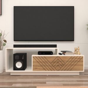 Caspo TV Unit with Designer Shutters | Storage Cabinets | Engineered Wood TV Entertainment Unit | Dual Tone: Wood Oak Light and Frosty White | spacesbyU